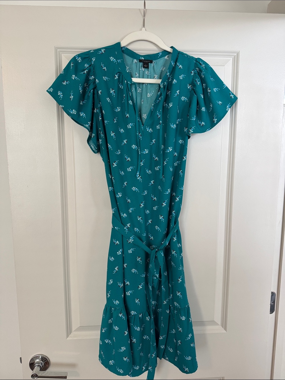 Ann Taylor Teal Floral Tie-Waist Dress